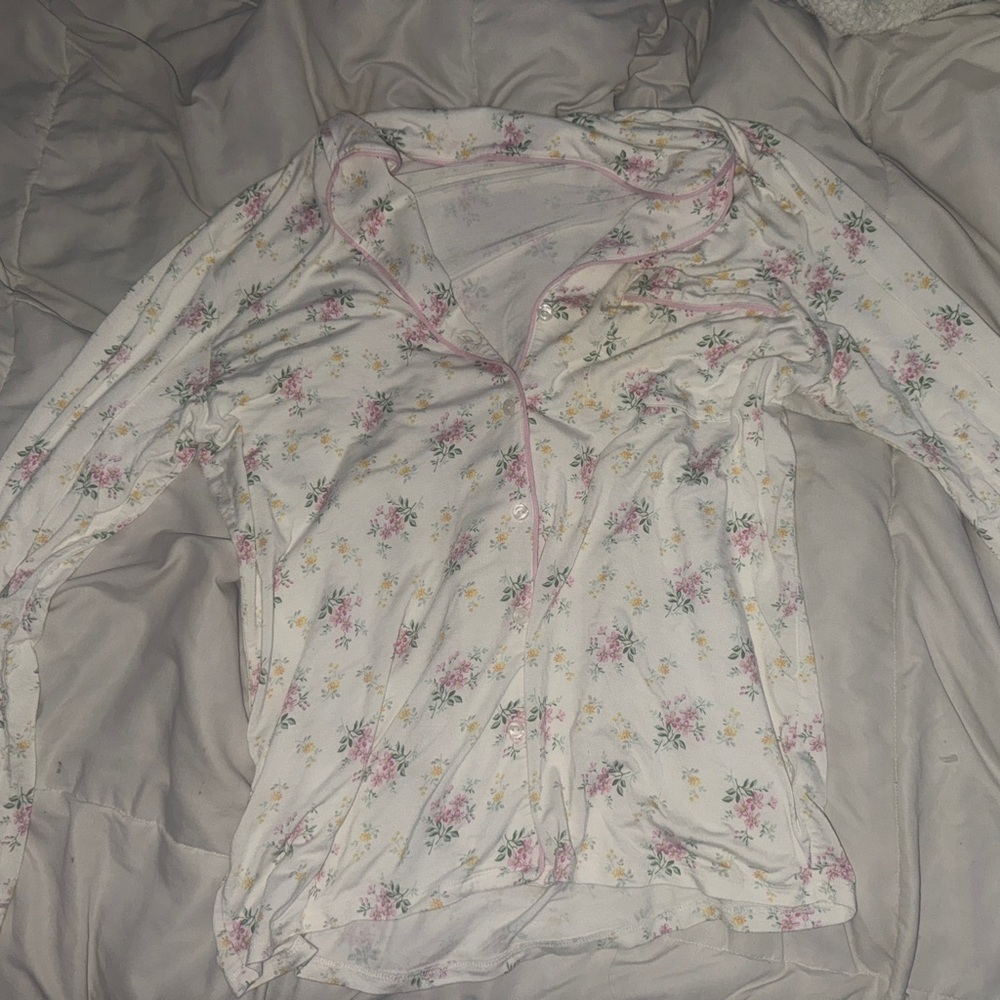Aerie Floral Button Down Pajama Top - Pink and White